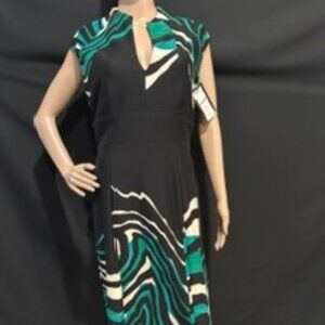 JAX Abstract Black Ivory & Teal Sheath Dress, with Cap Sleeves – Size 12